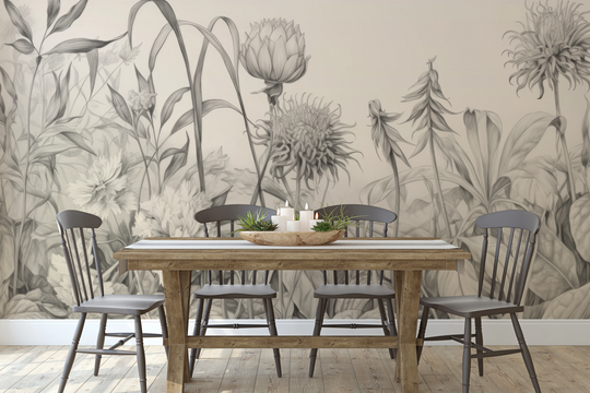 Wzór fototapety artystycznej o nazwie Botanical Elegance pokazanej w aranżacji wnętrza.