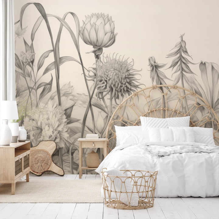 Wzór fototapety malowanej o nazwie Botanical Elegance pokazanej w aranżacji wnętrza.
