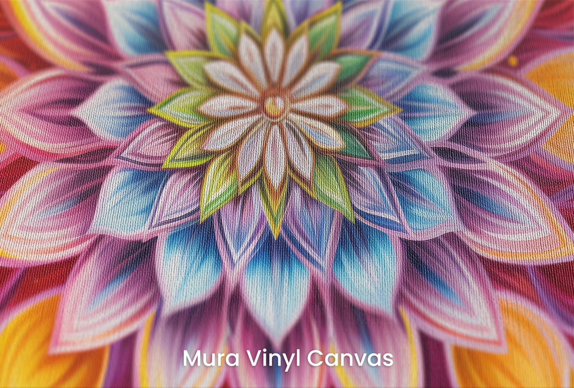 Zbliżenie na artystyczną fototapetę o nazwie Radiant Mandala na podłożu Mura Vinyl Canvas - faktura naturalnego płótna.