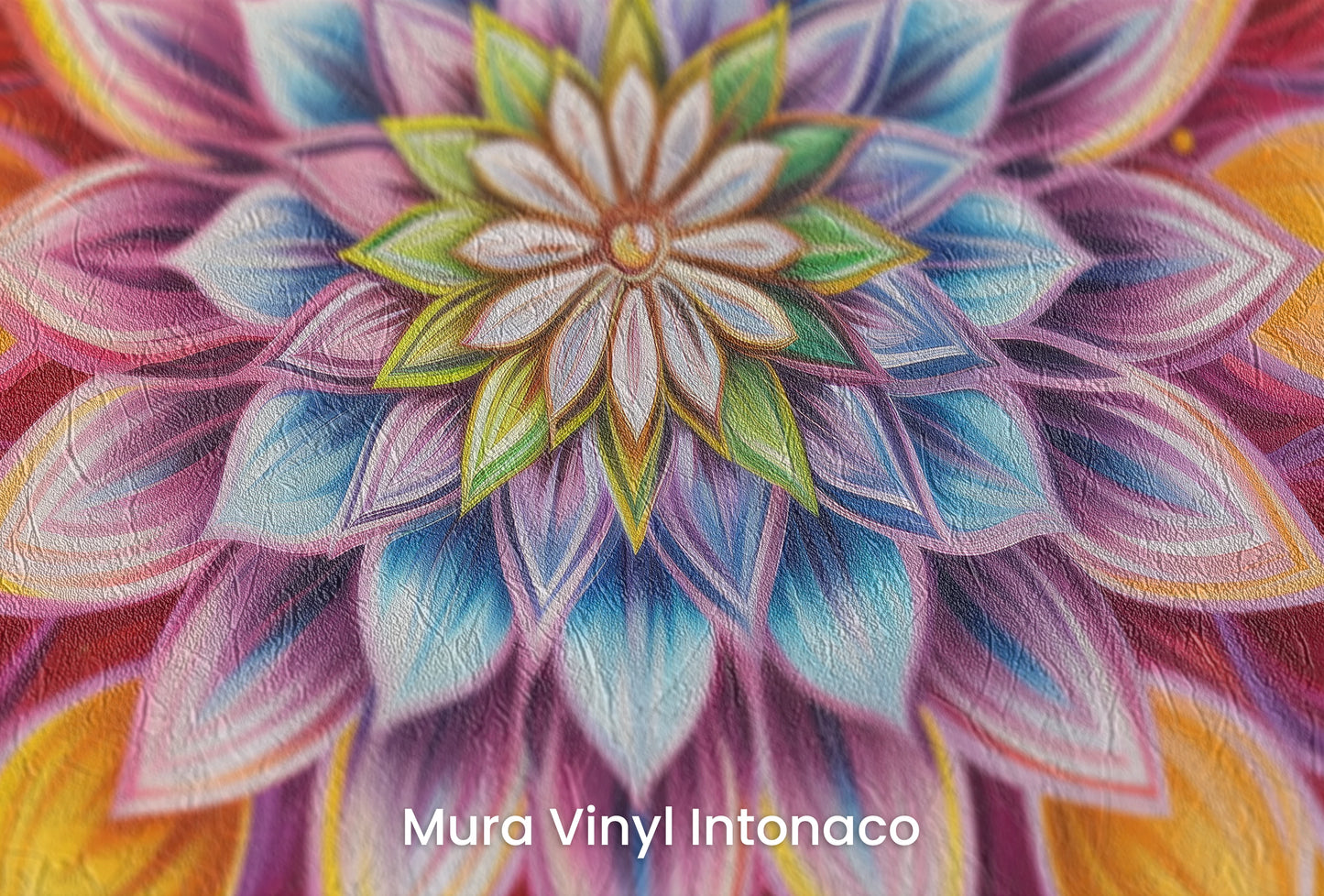 Zbliżenie na artystyczną fototapetę o nazwie Radiant Mandala na podłożu Mura Vinyl Intonaco - struktura tartego tynku.