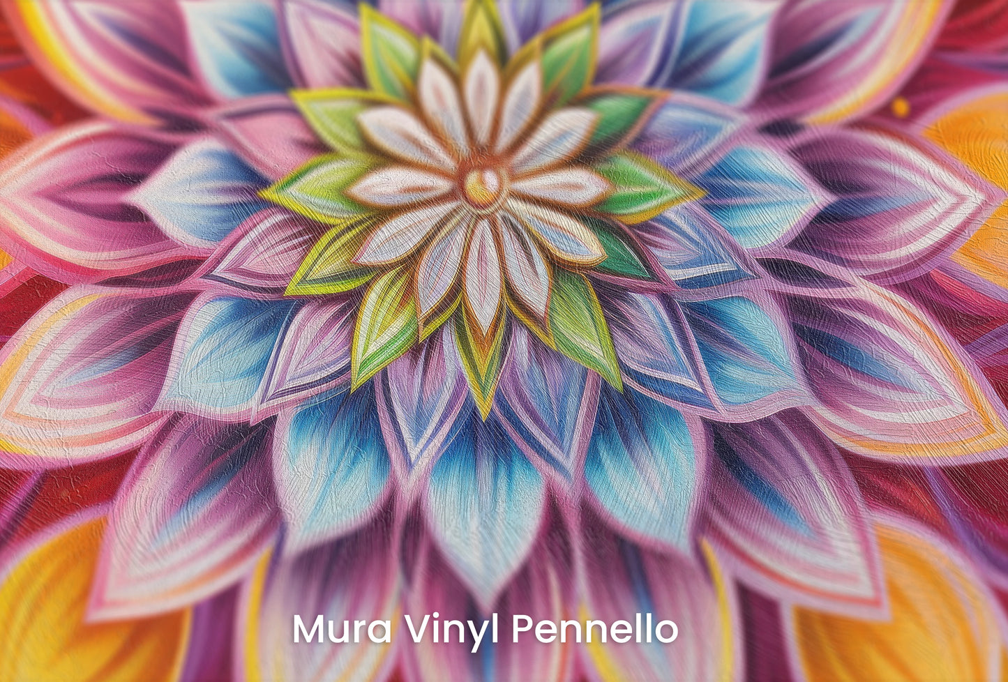 Zbliżenie na artystyczną fototapetę o nazwie Radiant Mandala na podłożu Mura Vinyl Pennello - faktura pociągnięć pędzla malarskiego.