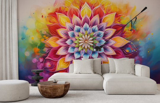 Wzór fototapety artystycznej o nazwie Radiant Mandala pokazanej w aranżacji wnętrza.