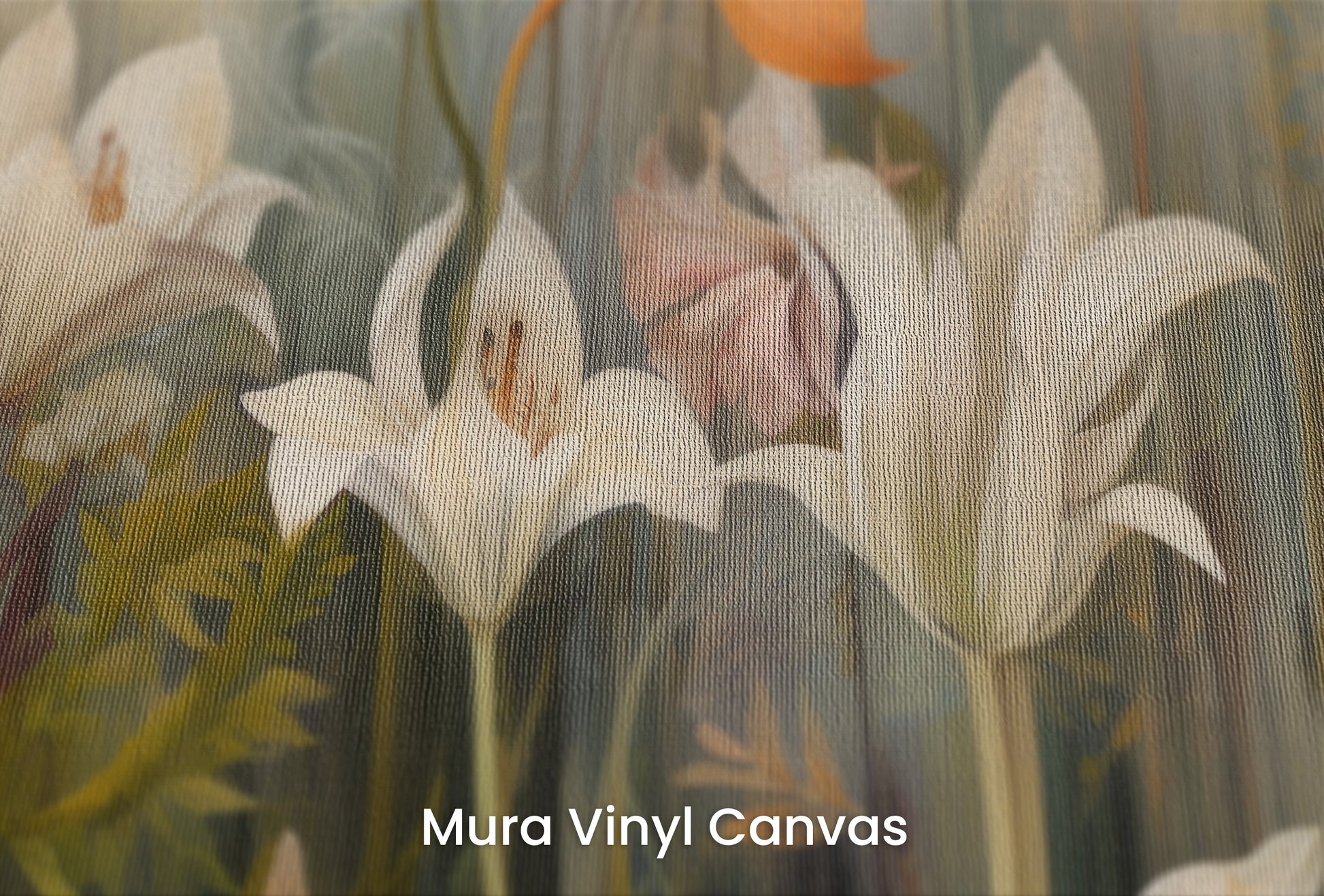 Zbliżenie na artystyczną fototapetę o nazwie Whispering Garden na podłożu Mura Vinyl Canvas - faktura naturalnego płótna.