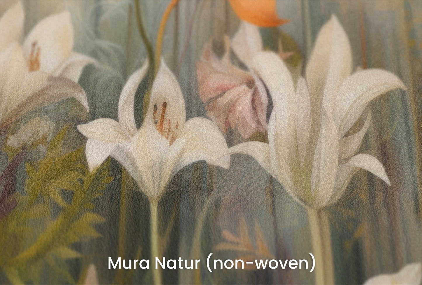 Zbliżenie na artystyczną fototapetę o nazwie Whispering Garden na podłożu Mura Natur (non-woven) - naturalne i ekologiczne podłoże.