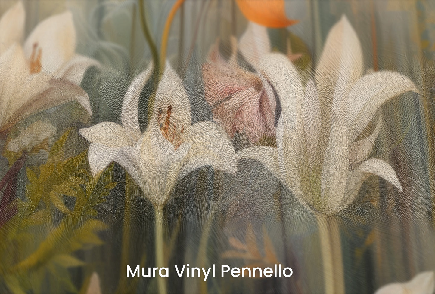 Zbliżenie na artystyczną fototapetę o nazwie Whispering Garden na podłożu Mura Vinyl Pennello - faktura pociągnięć pędzla malarskiego.