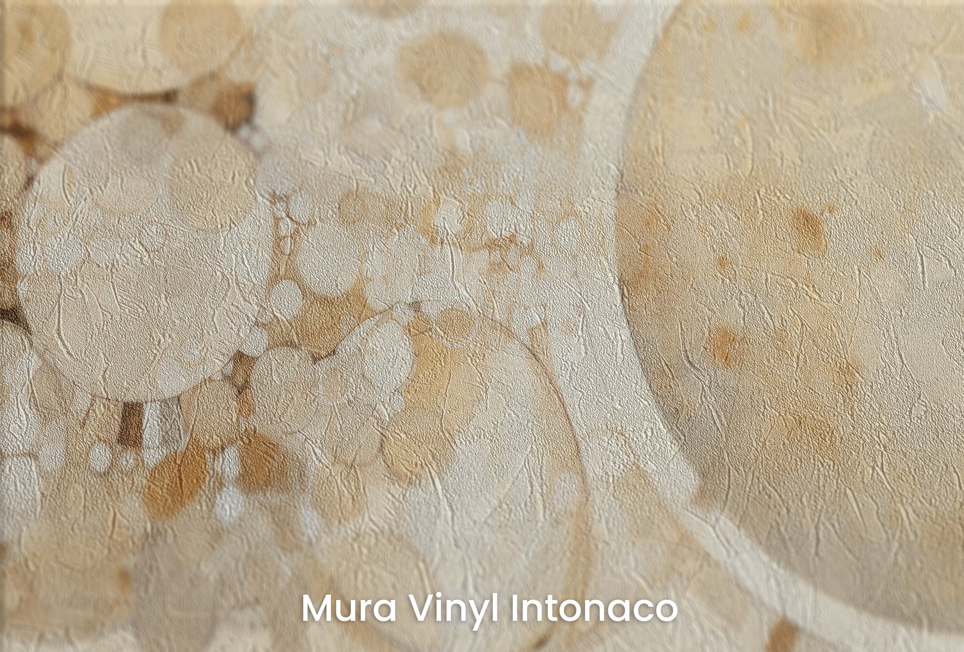 Zbliżenie na artystyczną fototapetę o nazwie AMBER CIRCLES ABSTRACTION na podłożu Mura Vinyl Intonaco - struktura tartego tynku.