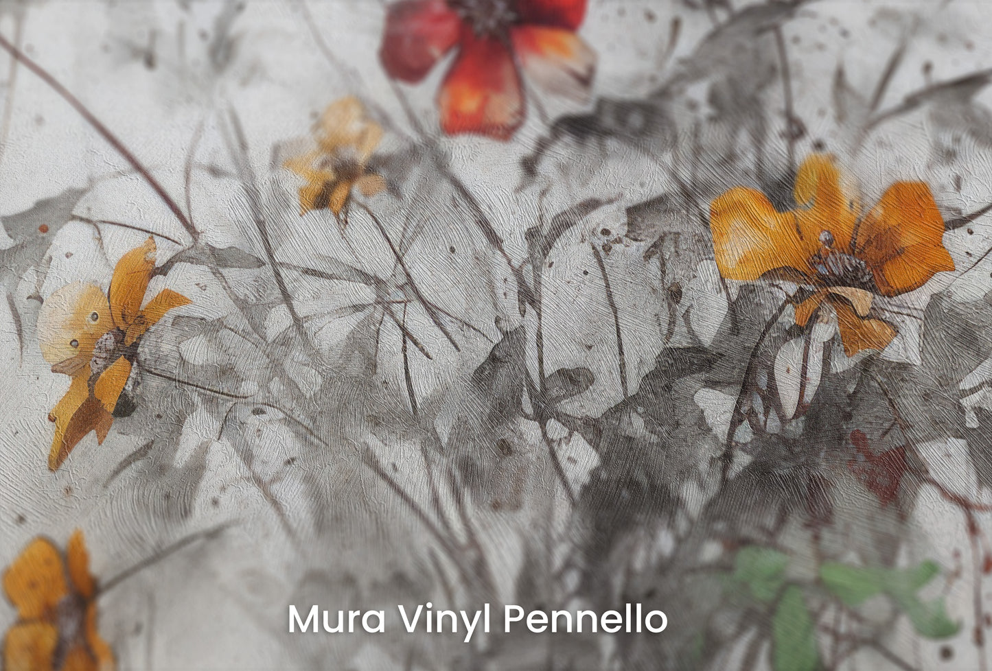 Zbliżenie na artystyczną fototapetę o nazwie RUSTIC BLOOMS OF VITALITY na podłożu Mura Vinyl Pennello - faktura pociągnięć pędzla malarskiego.