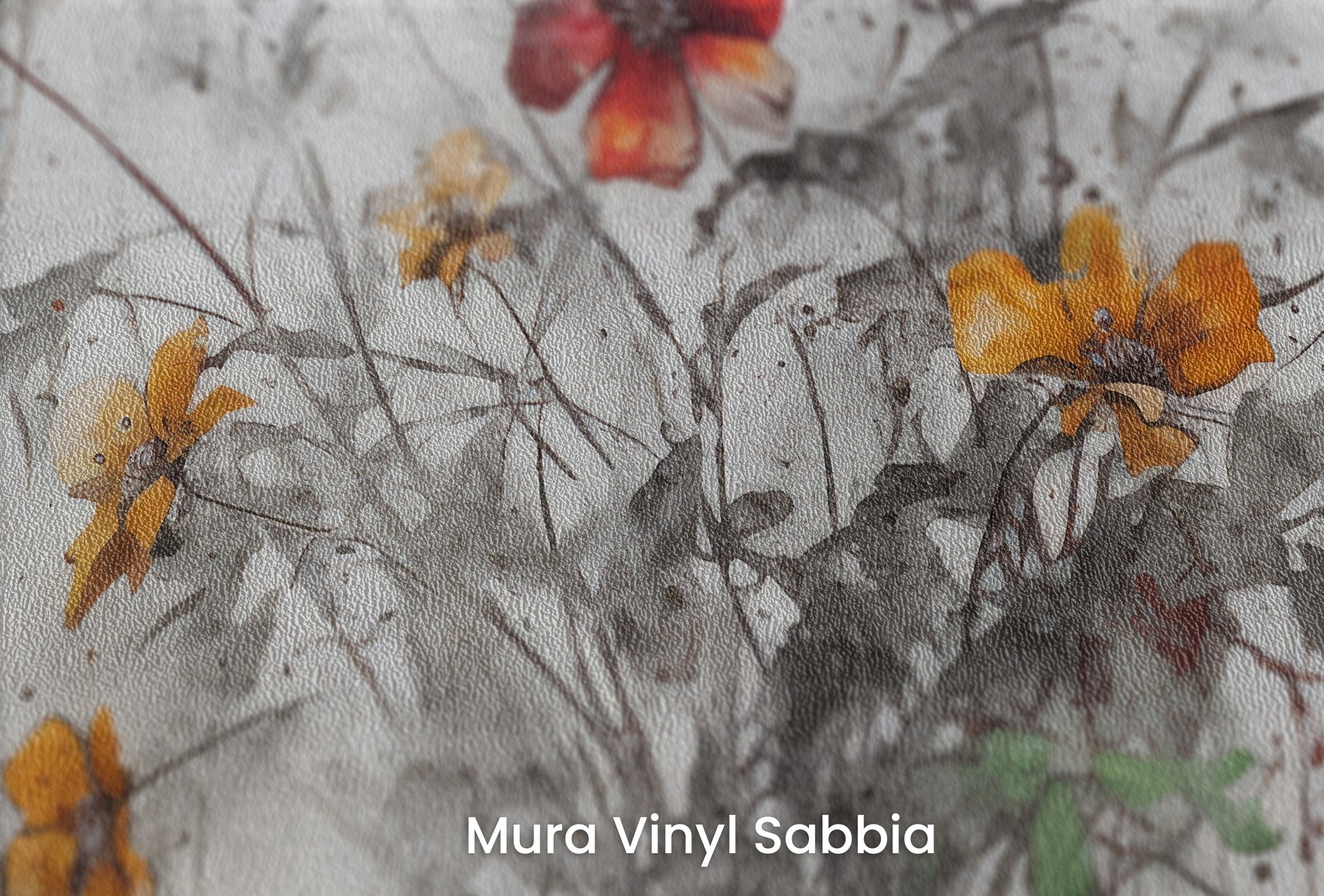 Zbliżenie na artystyczną fototapetę o nazwie RUSTIC BLOOMS OF VITALITY na podłożu Mura Vinyl Sabbia struktura grubego ziarna piasku.