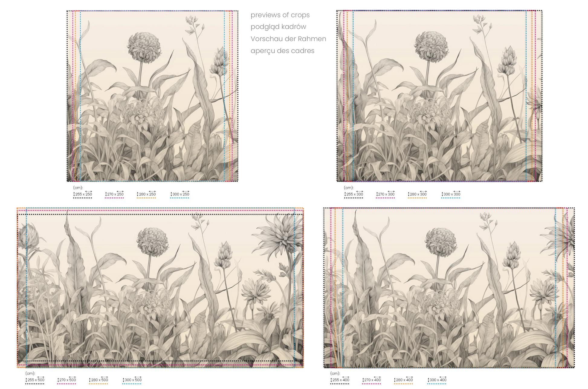 Na obrazie znajduje się prezentacja przykładowych rozmiarów fototapety o nazwie Floral Dance. Rozmiar fototapety jest dowolny.