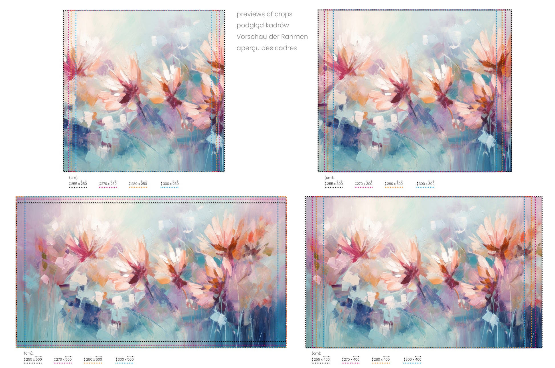 Na obrazie znajduje się prezentacja przykładowych rozmiarów fototapety o nazwie Ethereal Blossom Dance. Rozmiar fototapety jest dowolny.