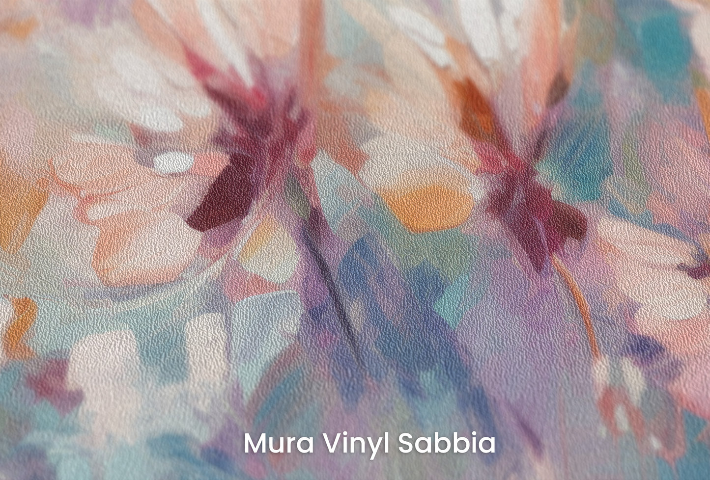 Zbliżenie na artystyczną fototapetę o nazwie Ethereal Blossom Dance na podłożu Mura Vinyl Sabbia struktura grubego ziarna piasku.