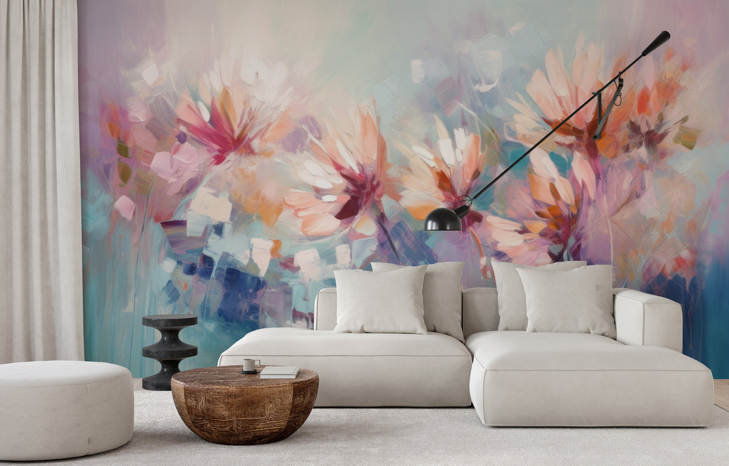 Wzór fototapety malowanej o nazwie Ethereal Blossom Dance pokazanej w aranżacji wnętrza.