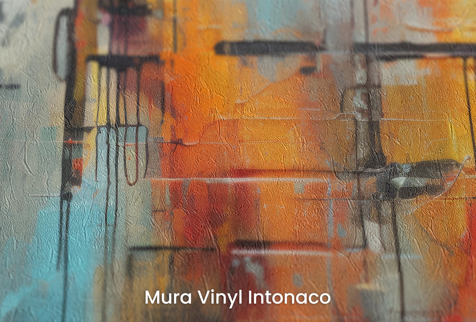 Zbliżenie na artystyczną fototapetę o nazwie Fragmented Reality na podłożu Mura Vinyl Intonaco - struktura tartego tynku.