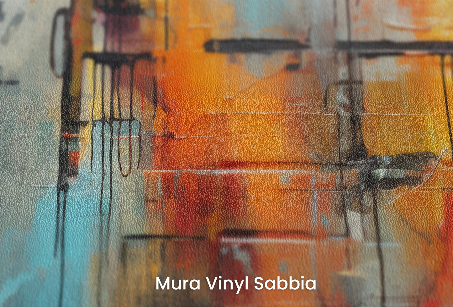 Zbliżenie na artystyczną fototapetę o nazwie Fragmented Reality na podłożu Mura Vinyl Sabbia struktura grubego ziarna piasku.