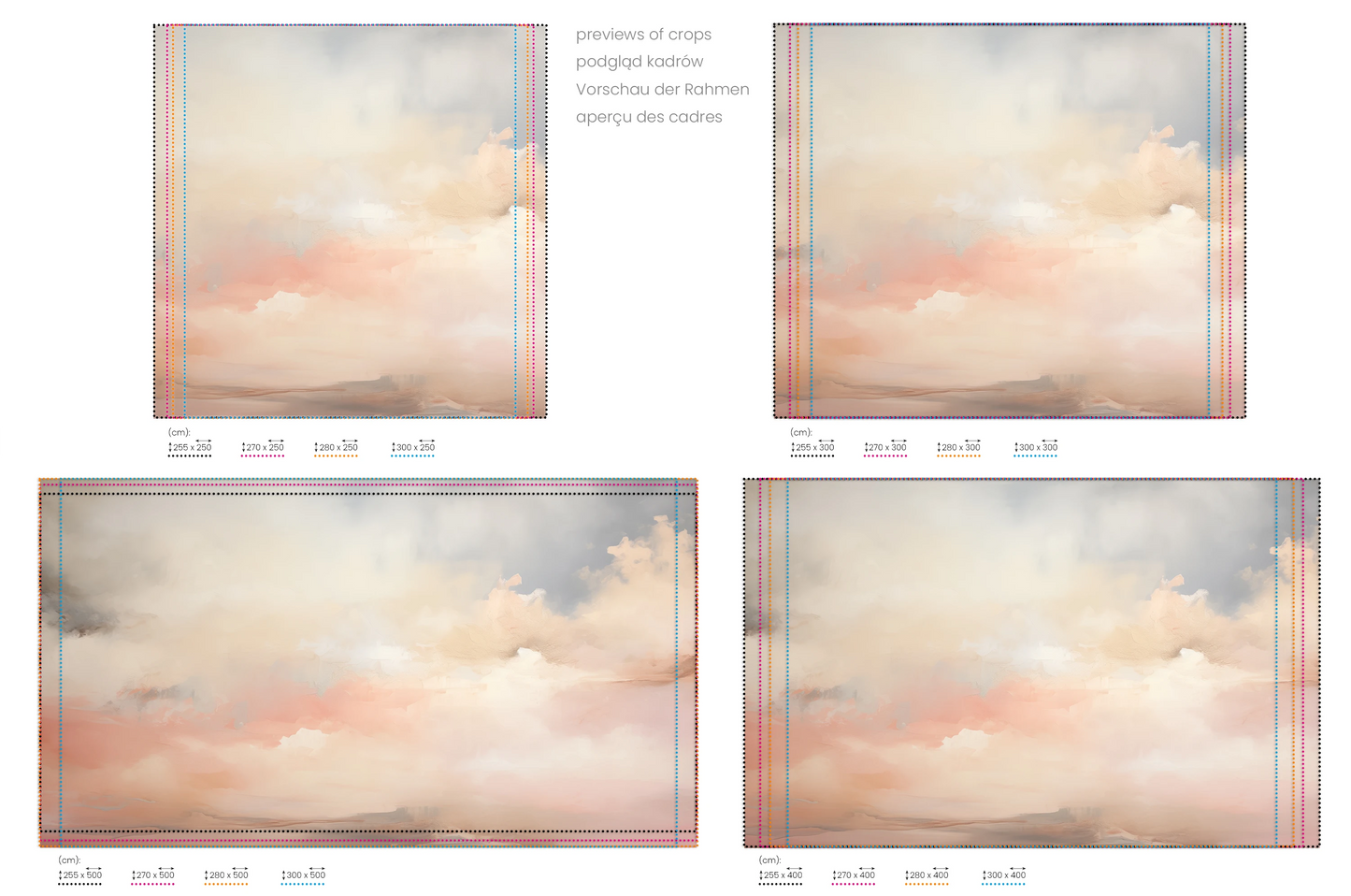 Na obrazie znajduje się prezentacja przykładowych rozmiarów fototapety o nazwie Cotton Skies. Rozmiar fototapety jest dowolny.