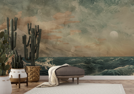 Wzór fototapety artystycznej o nazwie Celestial Ocean Calm pokazanej w aranżacji wnętrza.