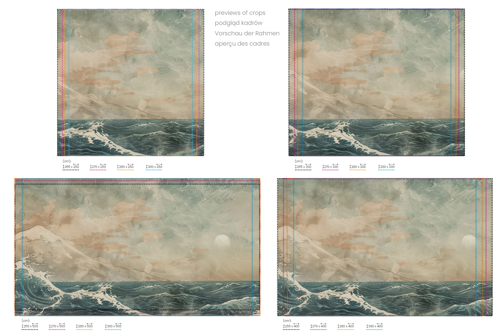 Na obrazie znajduje się prezentacja przykładowych rozmiarów fototapety o nazwie Celestial Ocean Calm. Rozmiar fototapety jest dowolny.