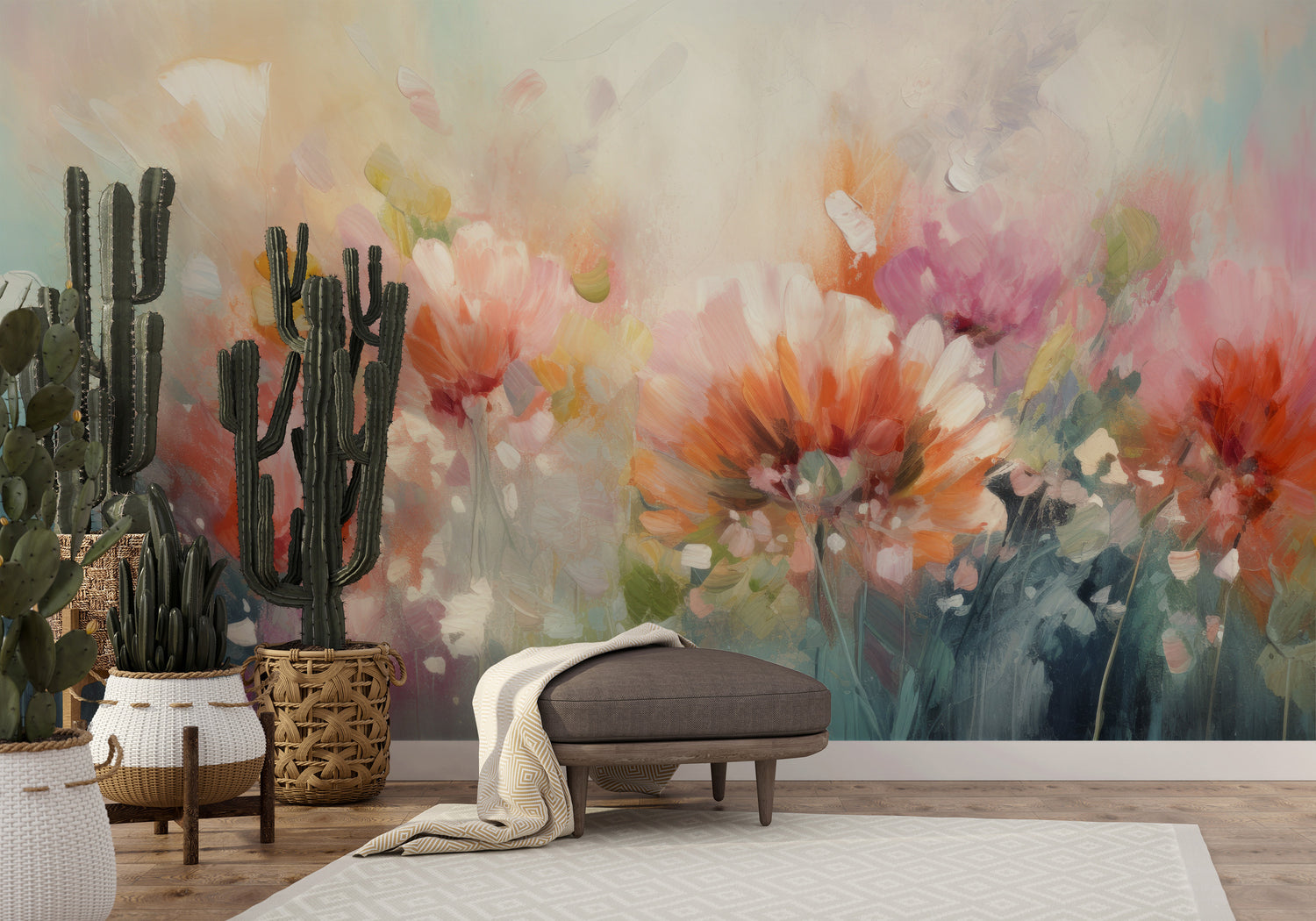 Wzór fototapety artystycznej o nazwie Pastel Petal Hues pokazanej w aranżacji wnętrza.