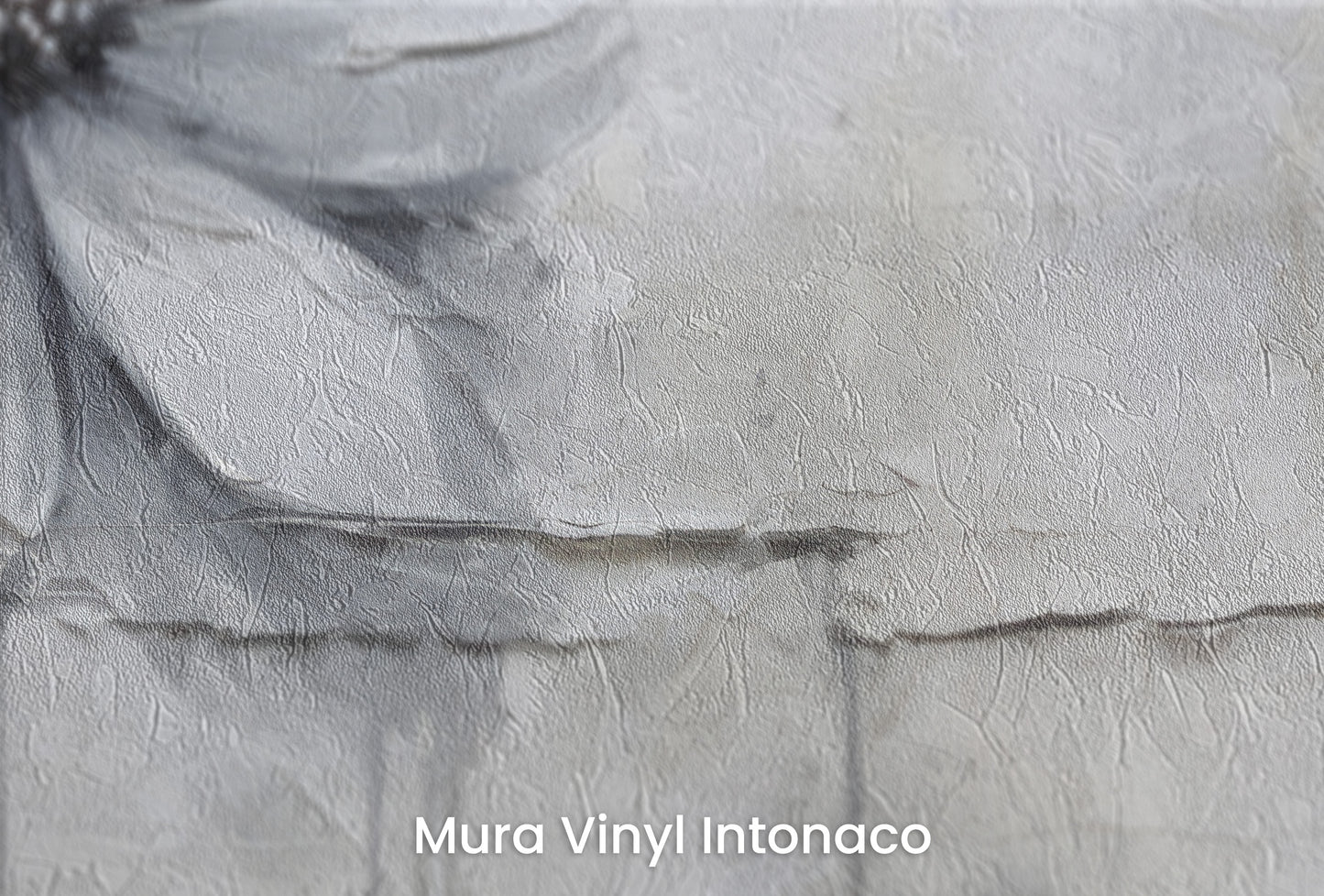Zbliżenie na artystyczną fototapetę o nazwie SILVER BLOSSOM ABSTRACT na podłożu Mura Vinyl Intonaco - struktura tartego tynku.