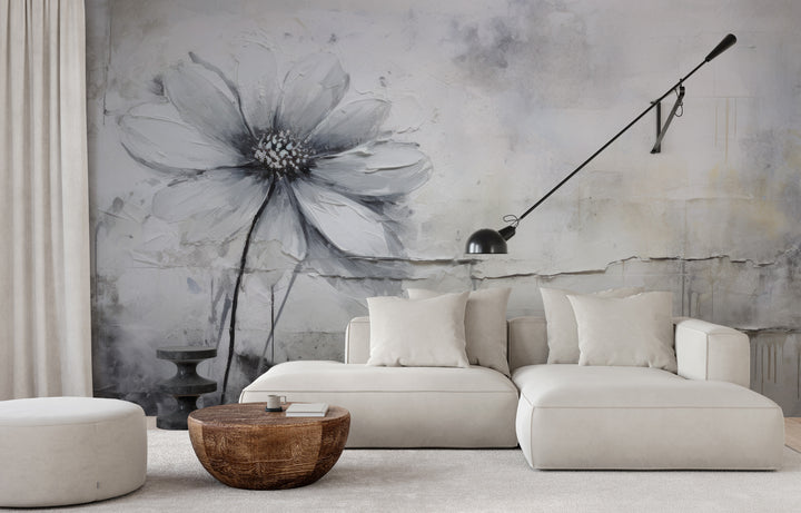 Zdjęcie prezentuje aranżację wnętrza z użyciem fototapety o nazwie SILVER BLOSSOM ABSTRACT pokazanej w aranżacji wnętrza.