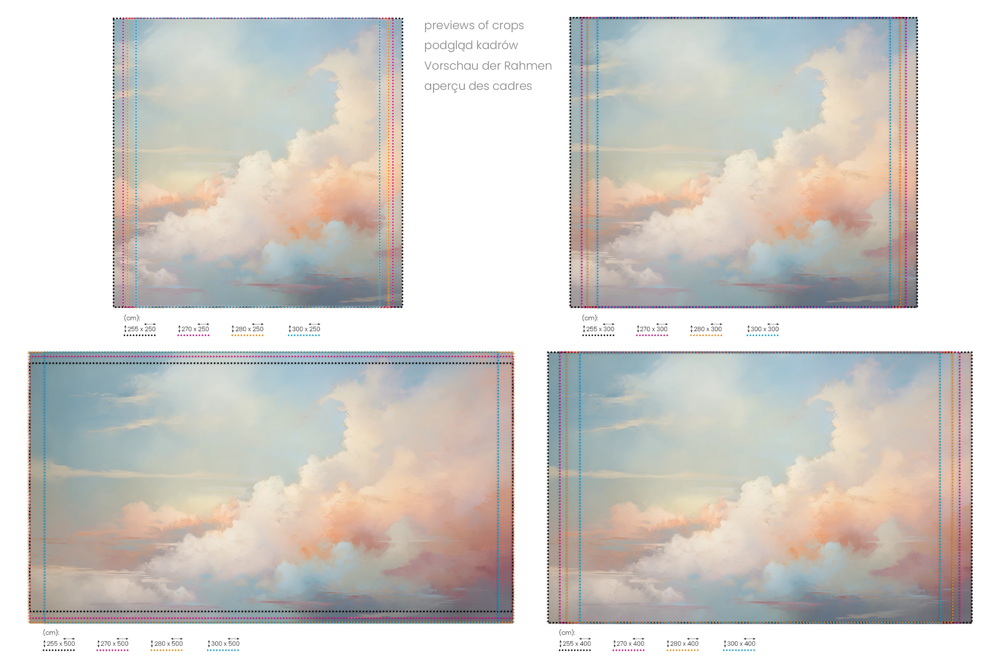 Na obrazie znajduje się prezentacja przykładowych rozmiarów fototapety o nazwie Pastel Dream #2. Rozmiar fototapety jest dowolny.