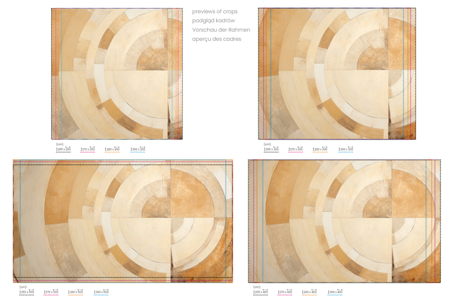 Na obrazie znajduje się prezentacja przykładowych rozmiarów fototapety o nazwie WARM TONES SPIRAL FUSION. Rozmiar fototapety jest dowolny.