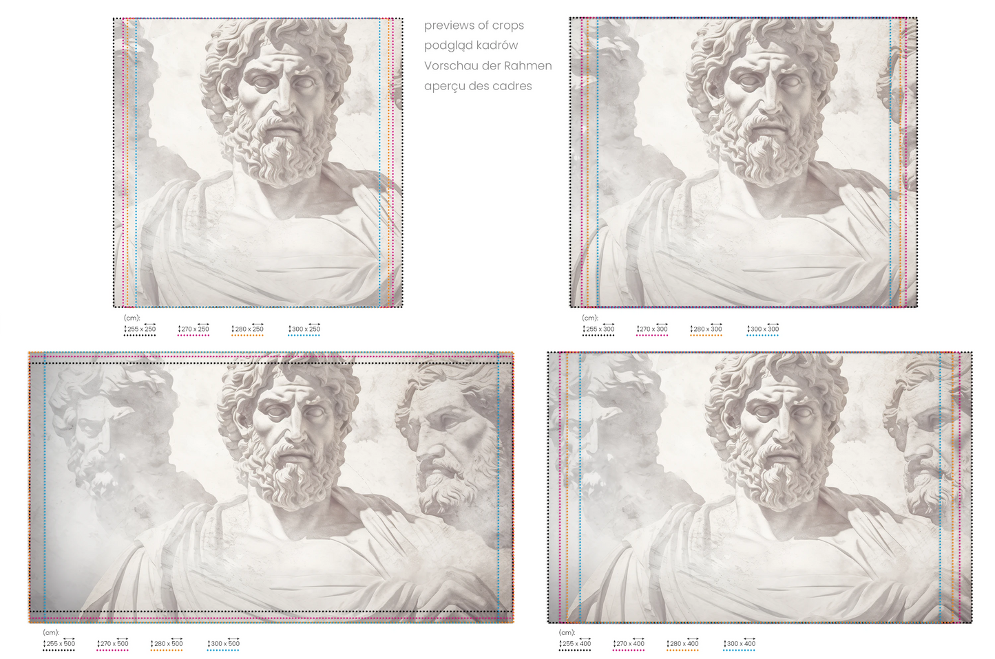 Na obrazie znajduje się prezentacja przykładowych rozmiarów fototapety o nazwie Stoic Wisdom Revisited. Rozmiar fototapety jest dowolny.