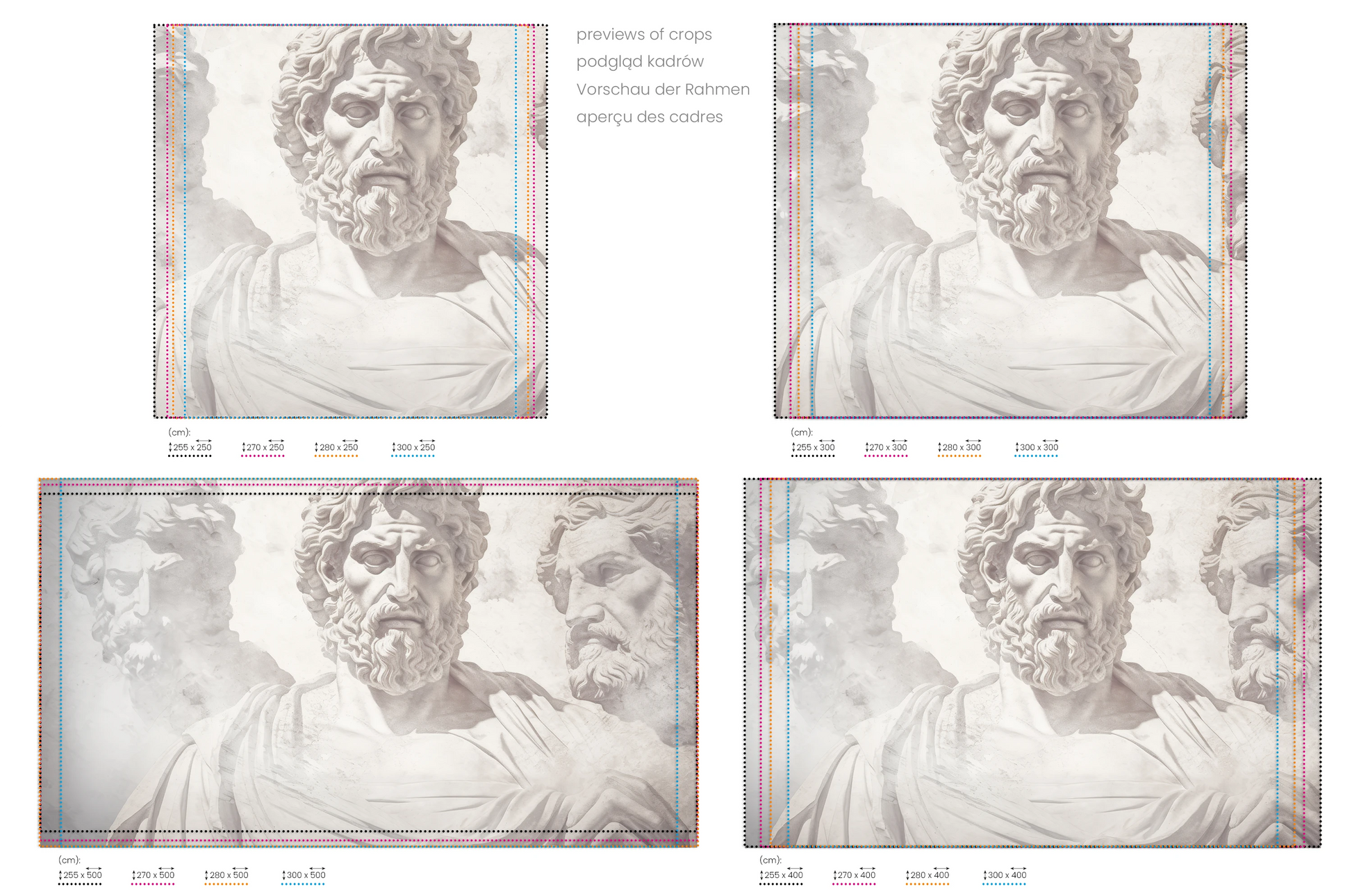 Na obrazie znajduje się prezentacja przykładowych rozmiarów fototapety o nazwie Stoic Wisdom Revisited. Rozmiar fototapety jest dowolny.