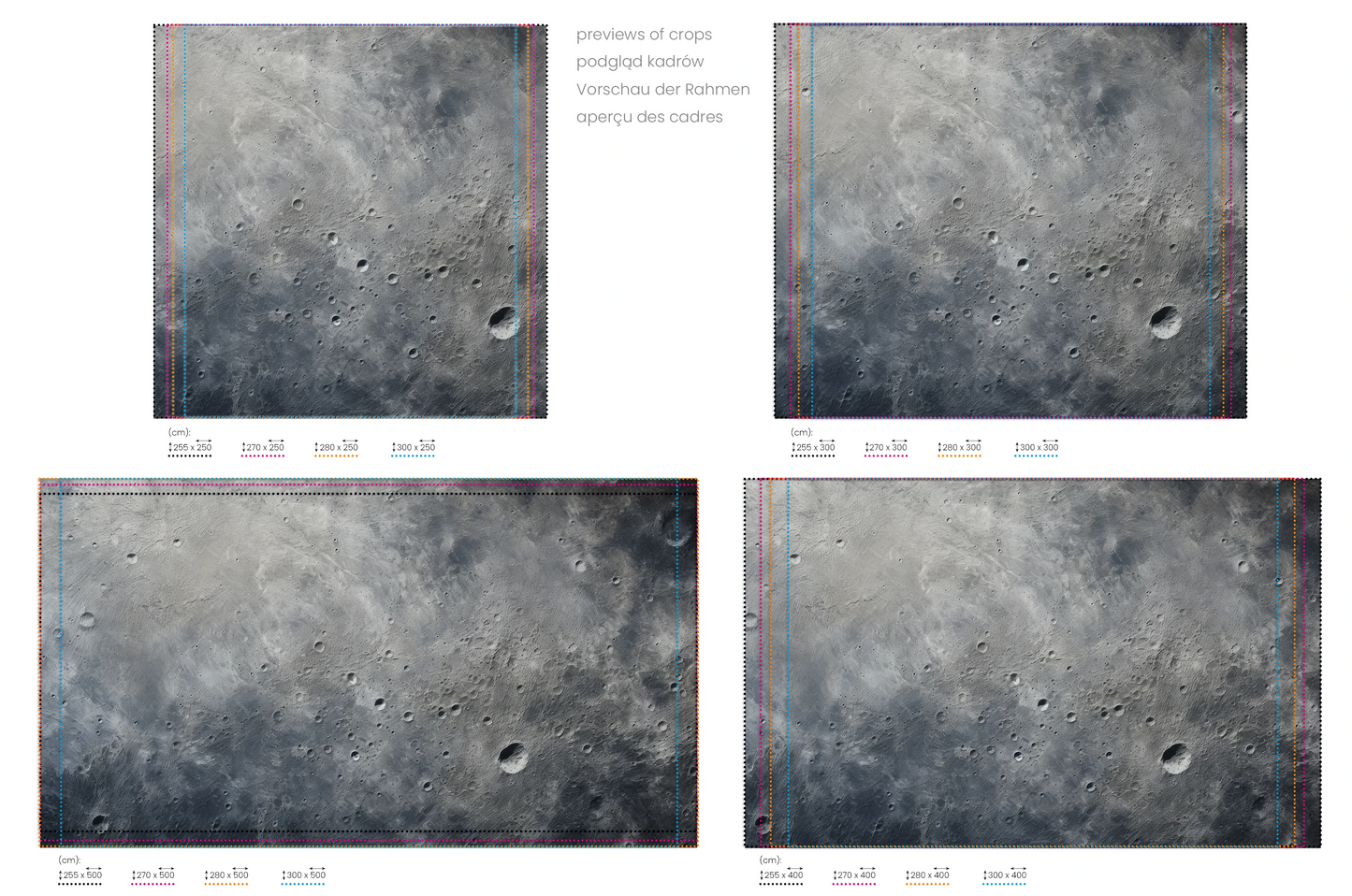 Na obrazie znajduje się prezentacja przykładowych rozmiarów fototapety o nazwie Moon's Mystery. Rozmiar fototapety jest dowolny.