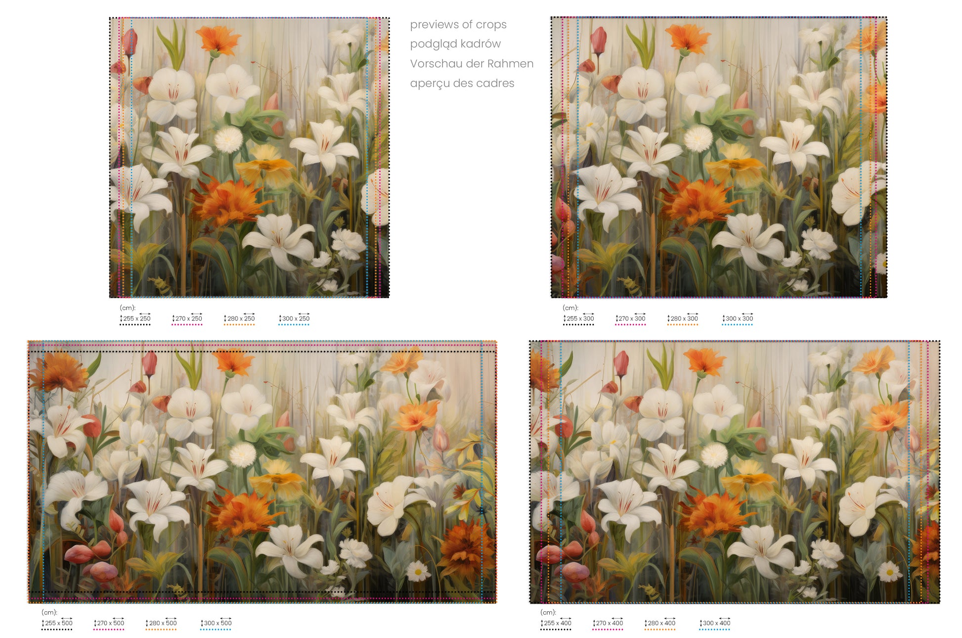 Na obrazie znajduje się prezentacja przykładowych rozmiarów fototapety o nazwie Floral Sunrise. Rozmiar fototapety jest dowolny.