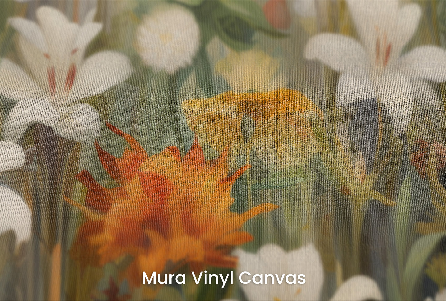 Zbliżenie na artystyczną fototapetę o nazwie Floral Sunrise na podłożu Mura Vinyl Canvas - faktura naturalnego płótna.