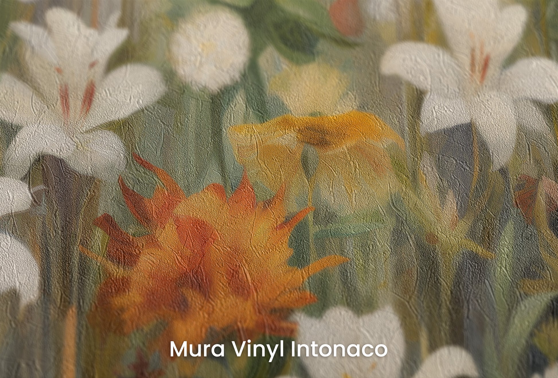 Zbliżenie na artystyczną fototapetę o nazwie Floral Sunrise na podłożu Mura Vinyl Intonaco - struktura tartego tynku.