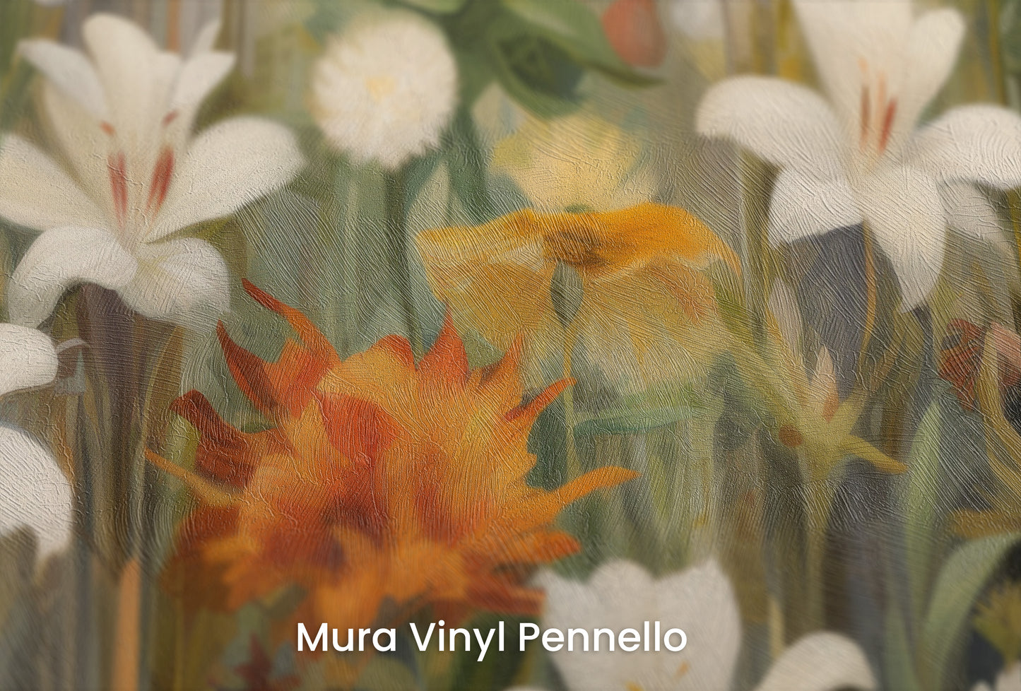 Zbliżenie na artystyczną fototapetę o nazwie Floral Sunrise na podłożu Mura Vinyl Pennello - faktura pociągnięć pędzla malarskiego.