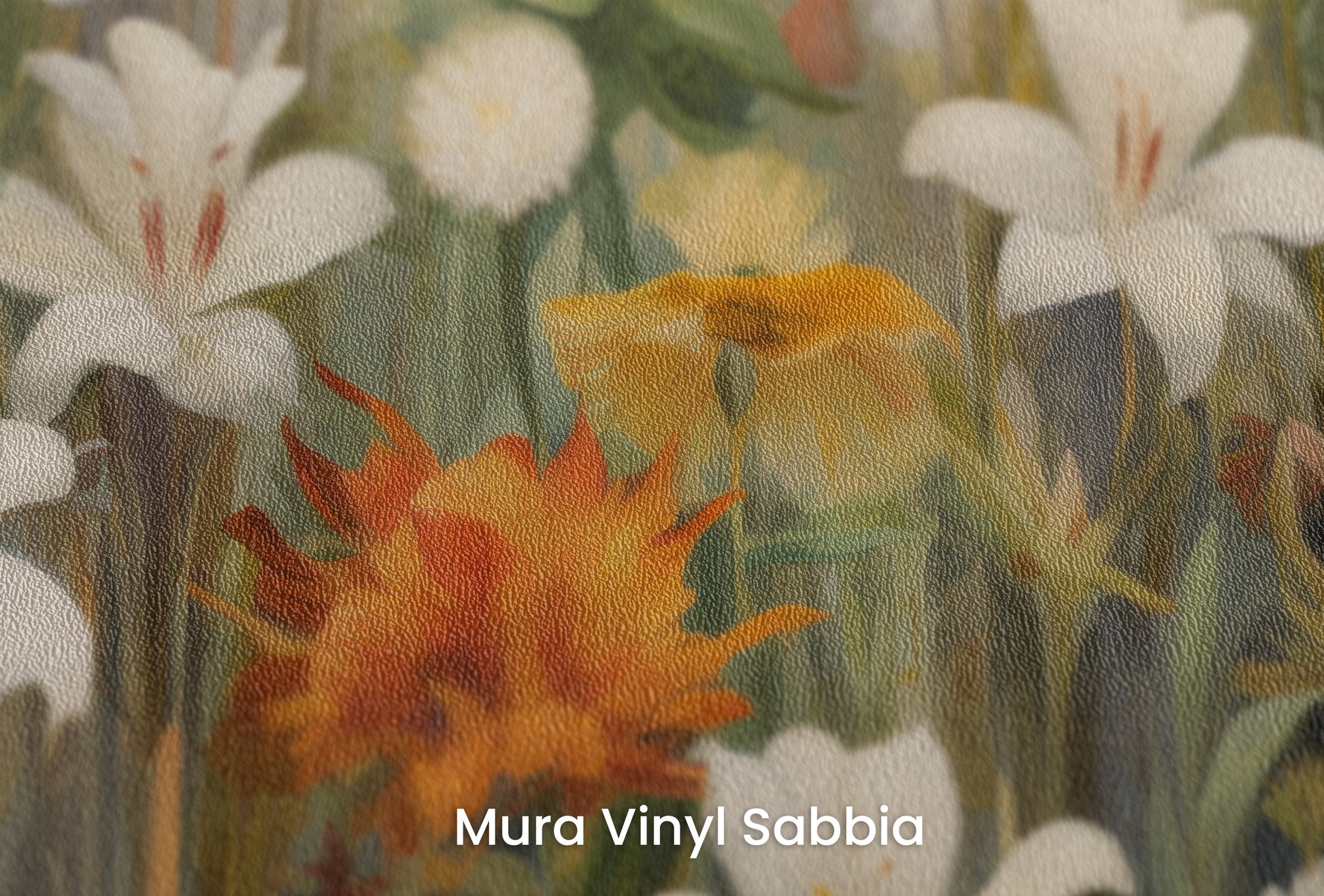 Zbliżenie na artystyczną fototapetę o nazwie Floral Sunrise na podłożu Mura Vinyl Sabbia struktura grubego ziarna piasku.