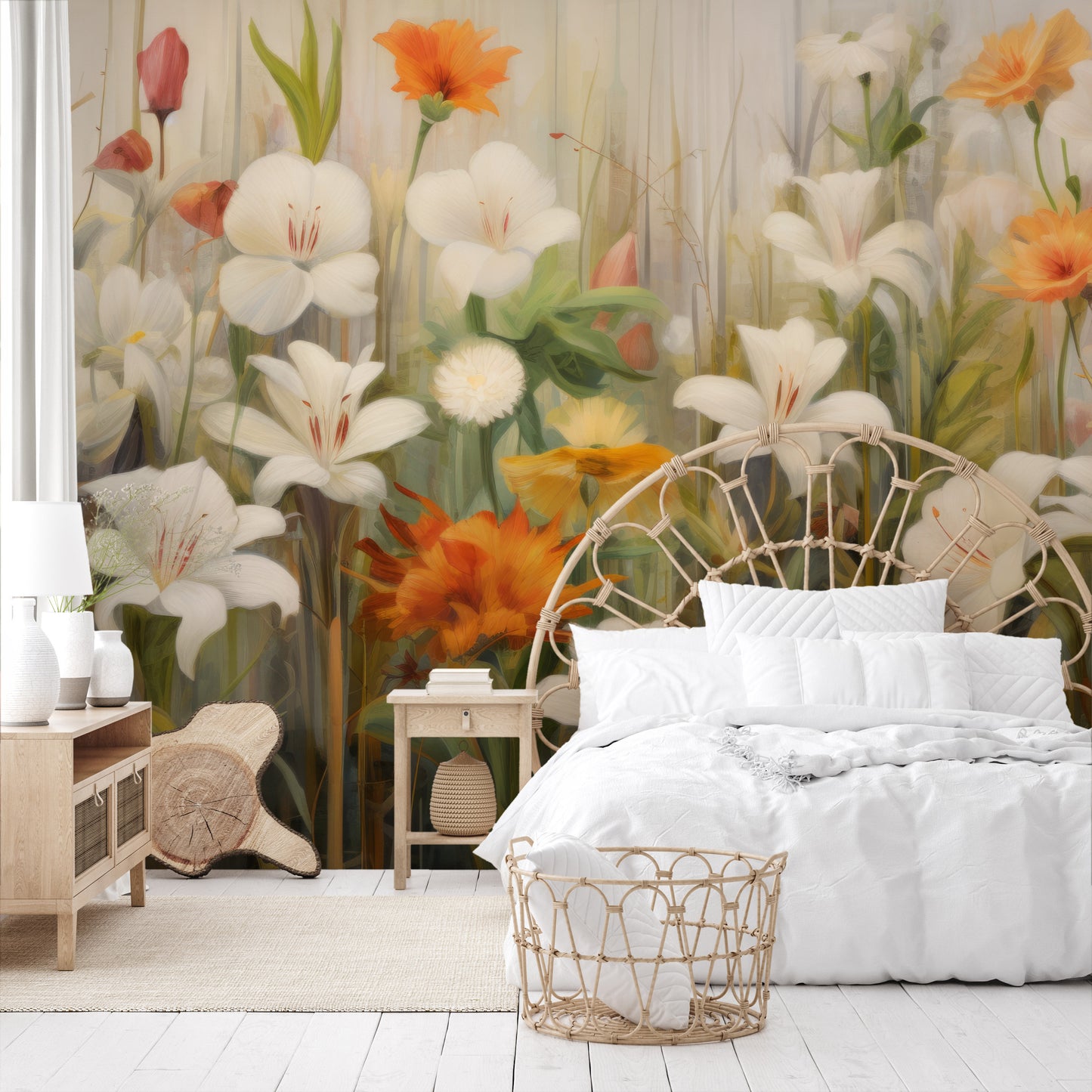 Wzór fototapety o nazwie Floral Sunrise pokazanej w kontekście pomieszczenia.