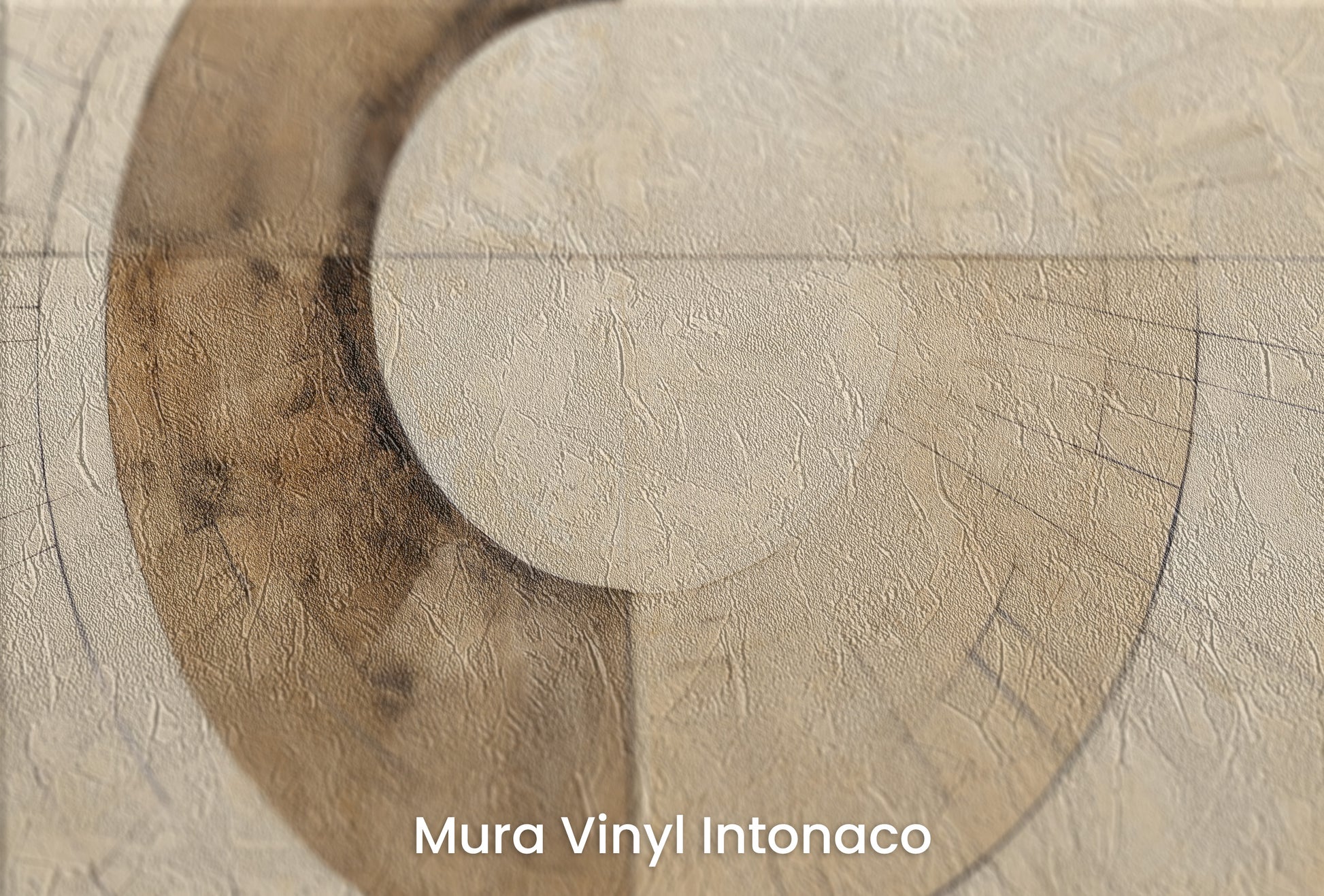 Zbliżenie na artystyczną fototapetę o nazwie SEPIA GEOMETRIC AURORA na podłożu Mura Vinyl Intonaco - struktura tartego tynku.