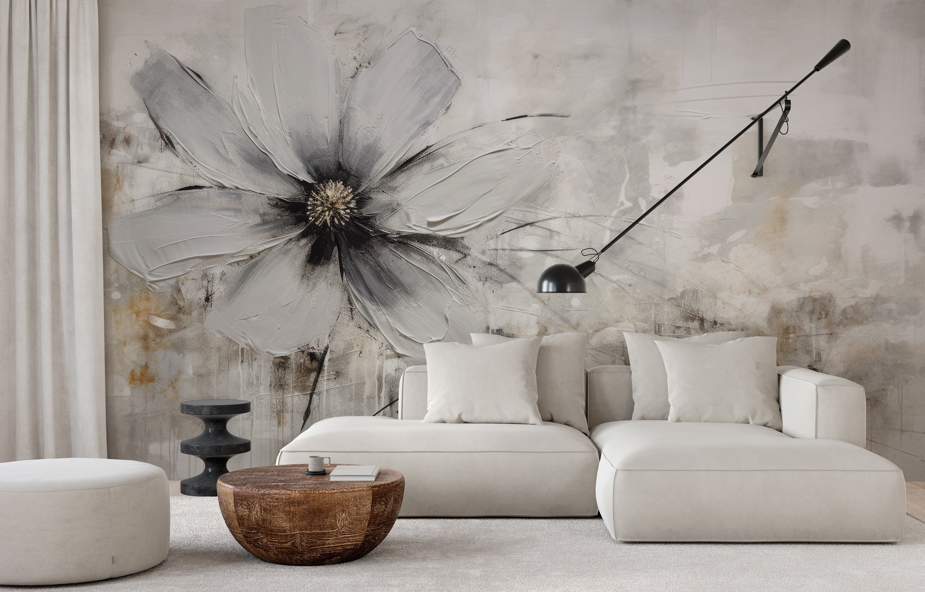 Wzór fototapety malowanej o nazwie MONOCHROME FLORAL ELEGANCE pokazanej w aranżacji wnętrza.