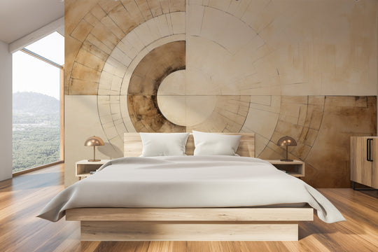 Wzór fototapety artystycznej o nazwie SEPIA GEOMETRIC AURORA pokazanej w aranżacji wnętrza.