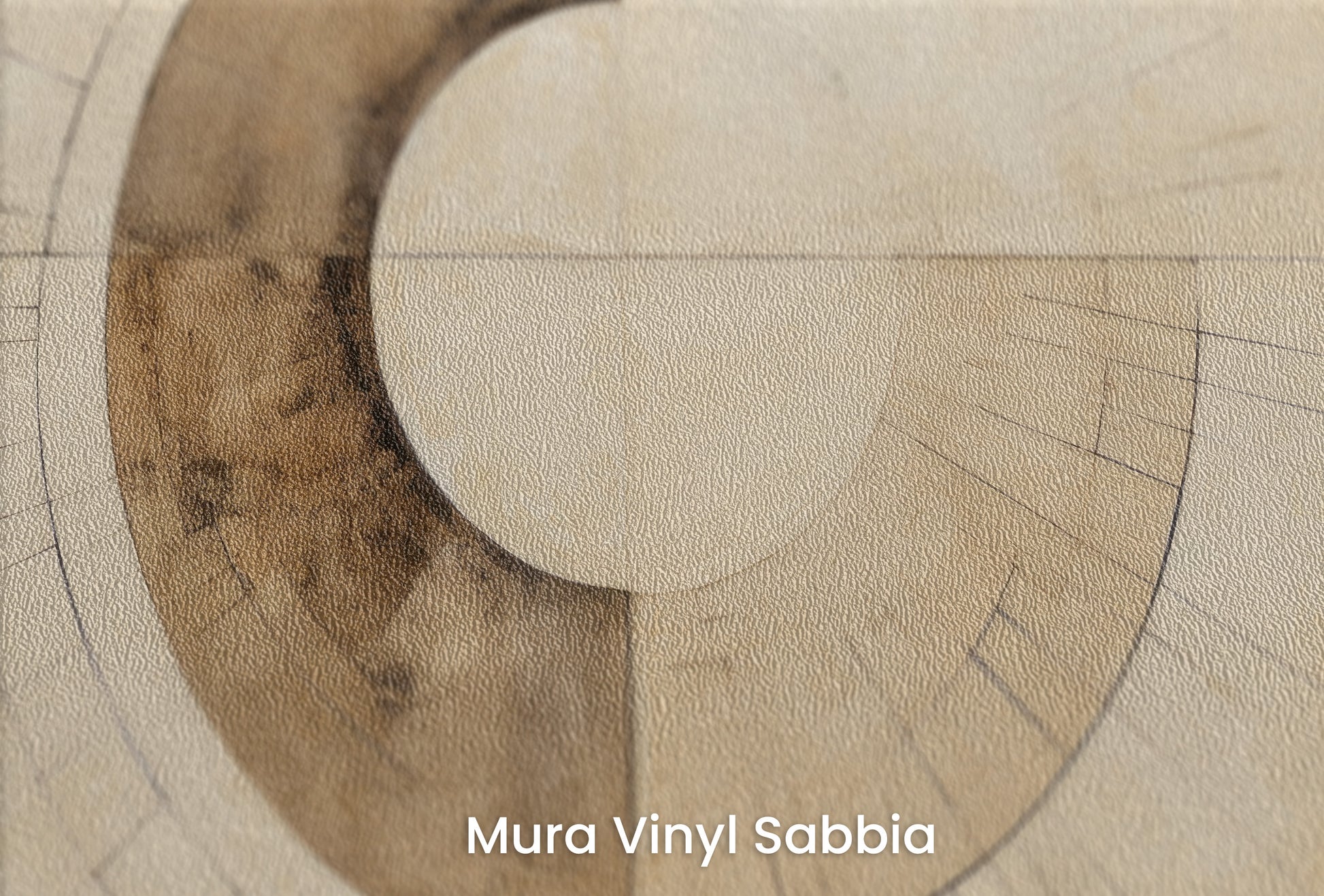 Zbliżenie na artystyczną fototapetę o nazwie SEPIA GEOMETRIC AURORA na podłożu Mura Vinyl Sabbia struktura grubego ziarna piasku.