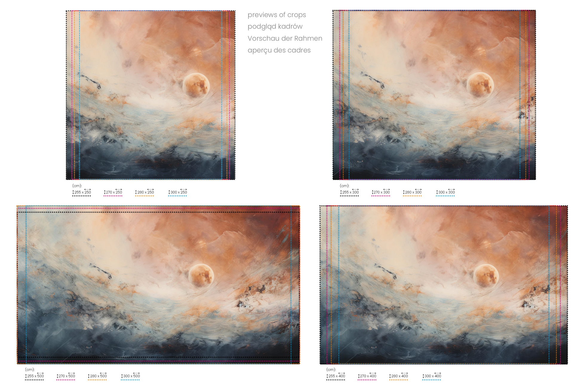Na obrazie znajduje się prezentacja przykładowych rozmiarów fototapety o nazwie Mars' Horizon #2. Rozmiar fototapety jest dowolny.