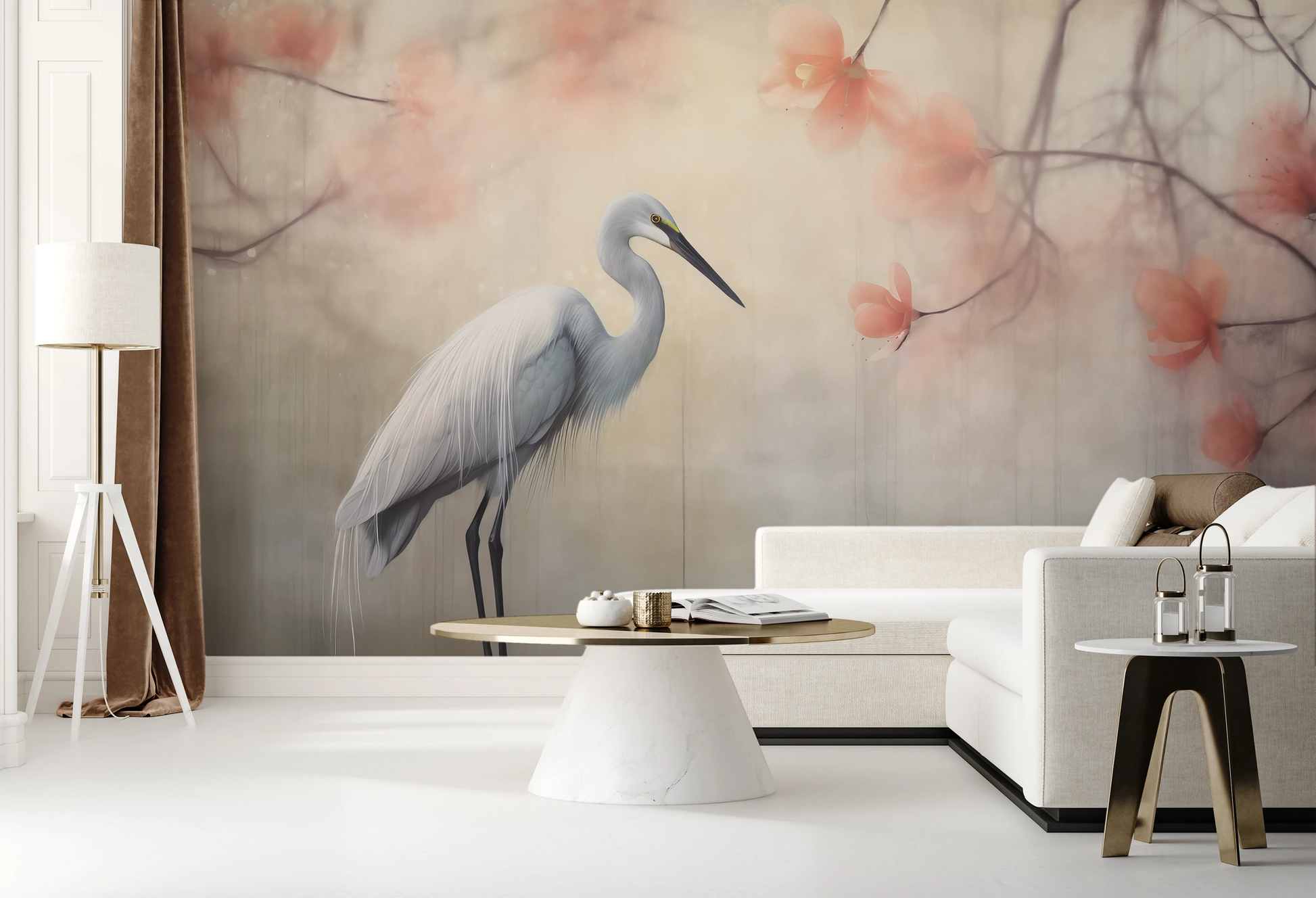 Wzór fototapety artystycznej o nazwie Heron Elegance pokazanej w aranżacji wnętrza.