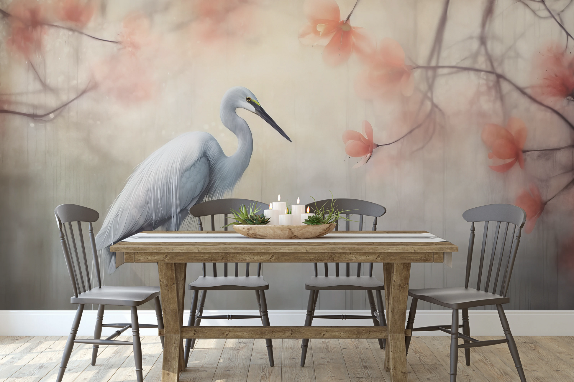 Wzór fototapety malowanej o nazwie Heron Elegance pokazanej w aranżacji wnętrza.