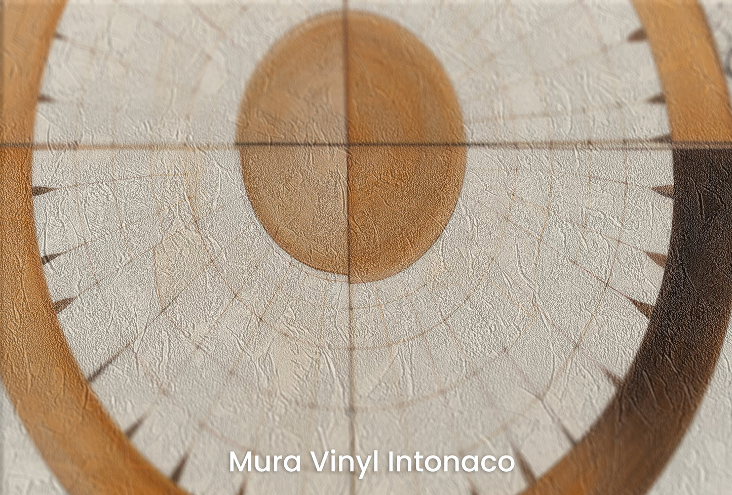 Zbliżenie na artystyczną fototapetę o nazwie ORBITAL HARMONY IN WOODEN HUES na podłożu Mura Vinyl Intonaco - struktura tartego tynku.