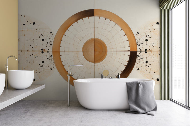 Wzór fototapety artystycznej o nazwie ORBITAL HARMONY IN WOODEN HUES pokazanej w aranżacji wnętrza.