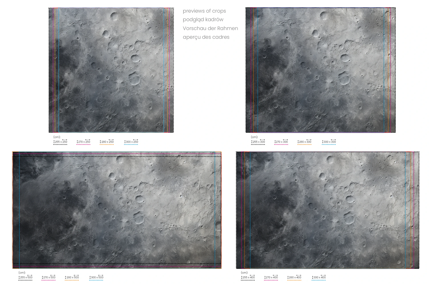 Na obrazie znajduje się prezentacja przykładowych rozmiarów fototapety o nazwie Moon's Monochrome #2. Rozmiar fototapety jest dowolny.