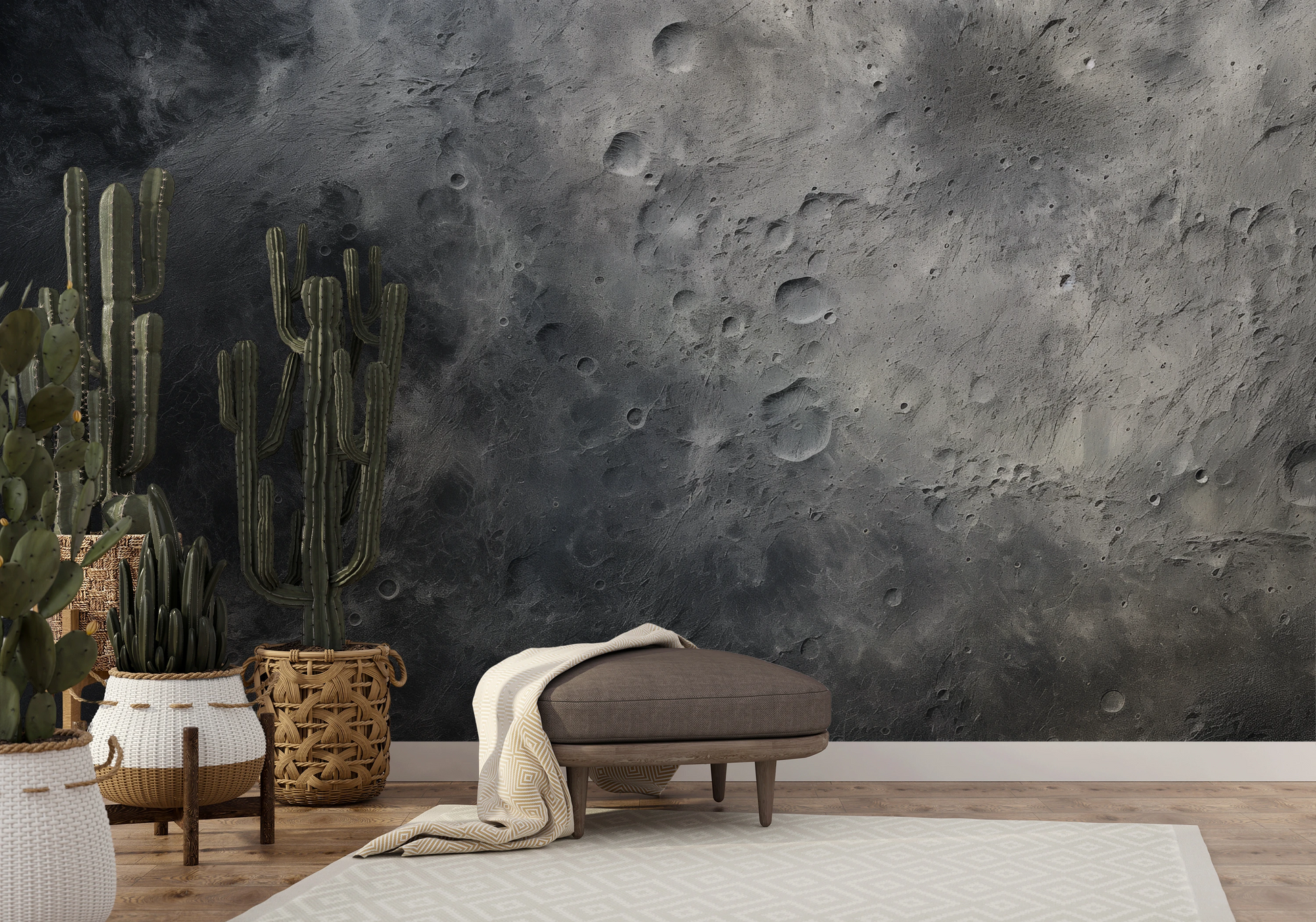 Wzór fototapety artystycznej o nazwie Moon's Monochrome #2 pokazanej w aranżacji wnętrza.