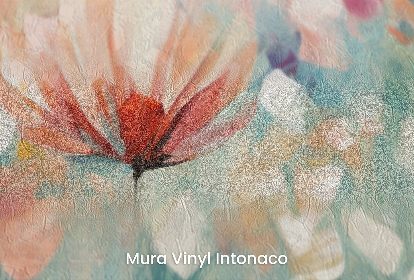 Zbliżenie na artystyczną fototapetę o nazwie Serene Flora #3 na podłożu Mura Vinyl Intonaco - struktura tartego tynku.