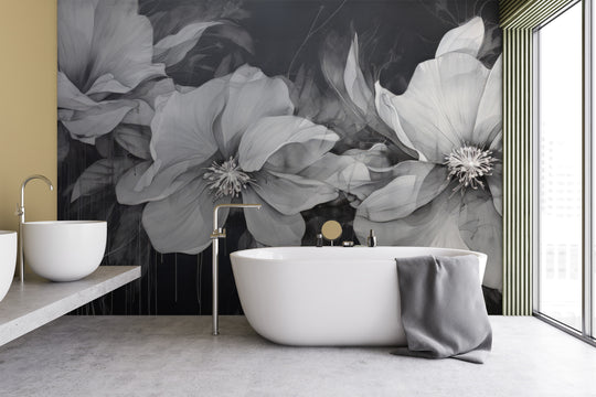 Wzór fototapety artystycznej o nazwie CHARCOAL FLORAL CASCADE pokazanej w aranżacji wnętrza.