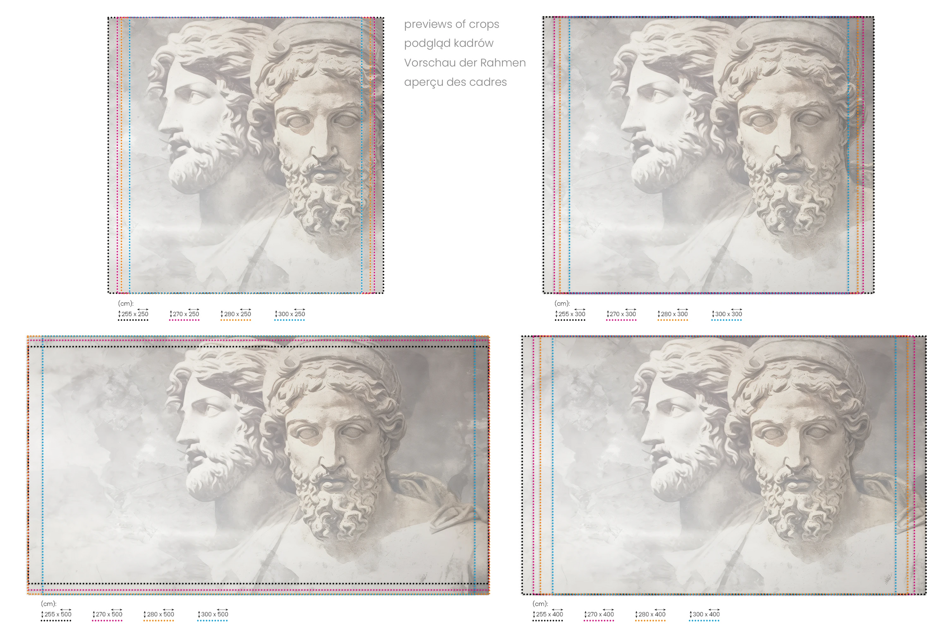 Na obrazie znajduje się prezentacja przykładowych rozmiarów fototapety o nazwie Antiquity's Whisper. Rozmiar fototapety jest dowolny.