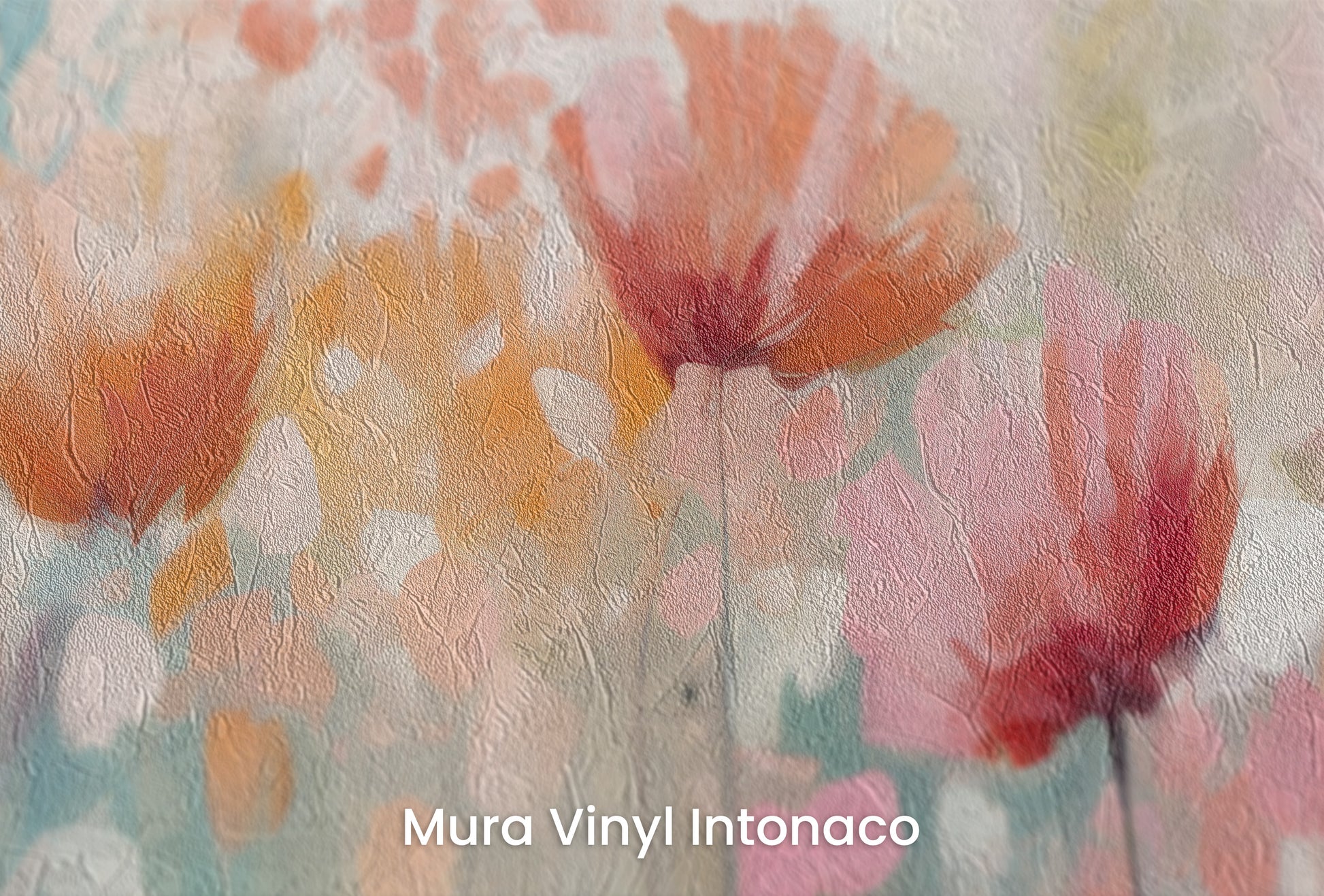 Zbliżenie na artystyczną fototapetę o nazwie Blossom Rain na podłożu Mura Vinyl Intonaco - struktura tartego tynku.